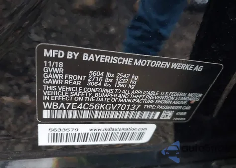 2019 BMW 740I xDrive from USA, damaged, VIN WBA7E4C56KGV70137